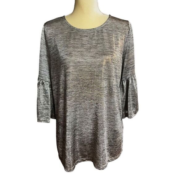 DANTELLE Women's Top M Metallic Gray & Gold Blouse‎ 3/4 Sleeve Pullover Sheer - Picture 1 of 16
